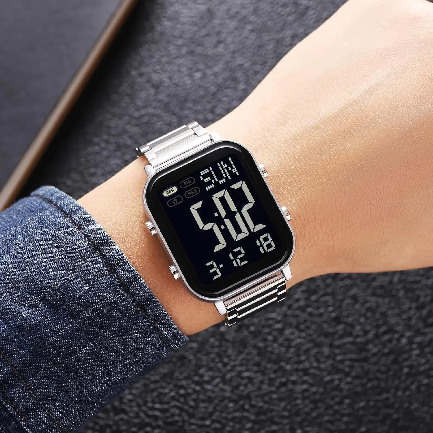 FANMIS Classic Unisex Digital Sports Watches Women's Men's Multifunctional Watch Stainless Steel Band Square Big Numbers Dial Waterproof Electronic Led Watch