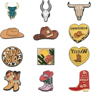 FASHEWELRY 12pcs Cowboy Brooches Enamel Pins Set Cattle Heart Cowgirl Boots Hat Pin Cute Lapel Pin Floral Alloy Aesthetic Badge Pins for DIY Backpacks Clothes Bags Jackets Hat Decoration