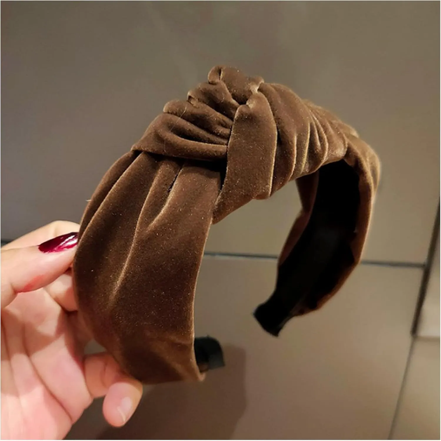 Fashion Women Hairband Autumn Winter Turban Wide Side Soft Golden Velvet Headband for Adult Solid Classic Headwear(Coffee Hairband)