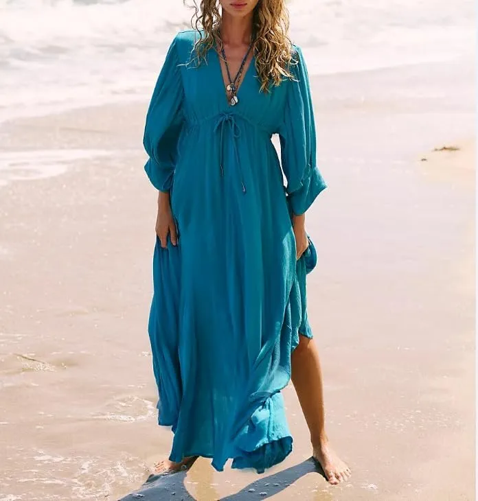 FEORJGP Women Bohemian Loose Fit Maxi Dress Boho V-Neck Puff Short Sleeve Midi Dress Ruffle Tiered Flowy Long Dress Beachwear