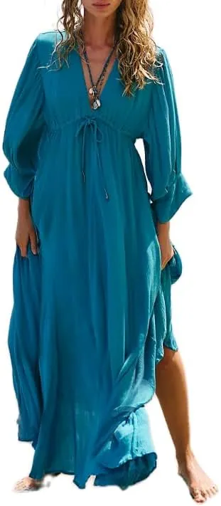 FEORJGP Women Bohemian Loose Fit Maxi Dress Boho V-Neck Puff Short Sleeve Midi Dress Ruffle Tiered Flowy Long Dress Beachwear