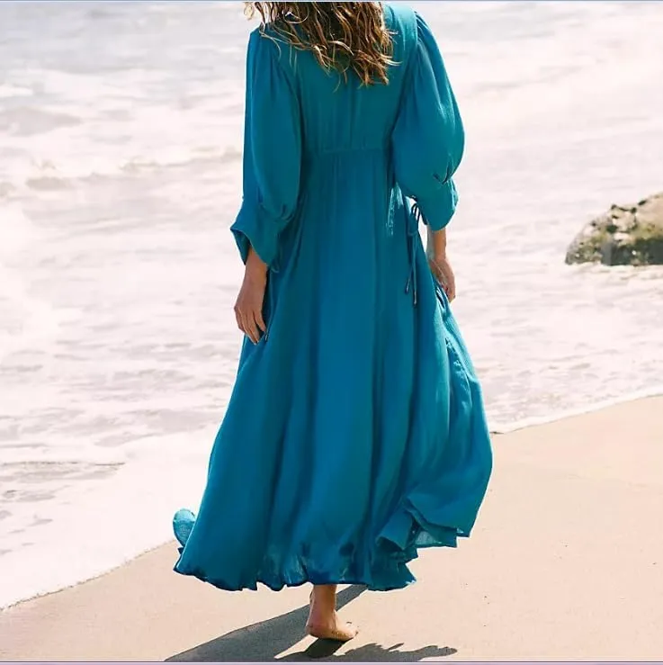 FEORJGP Women Bohemian Loose Fit Maxi Dress Boho V-Neck Puff Short Sleeve Midi Dress Ruffle Tiered Flowy Long Dress Beachwear
