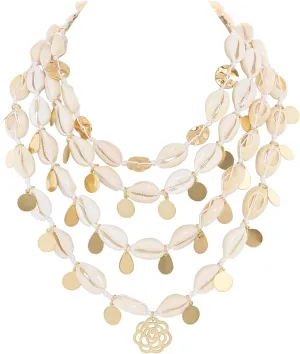 Firstmeet Layed Cowrie Shell Necklace With Glod Coin Pendant Handmade Hawaiian Puka Seashell Choker