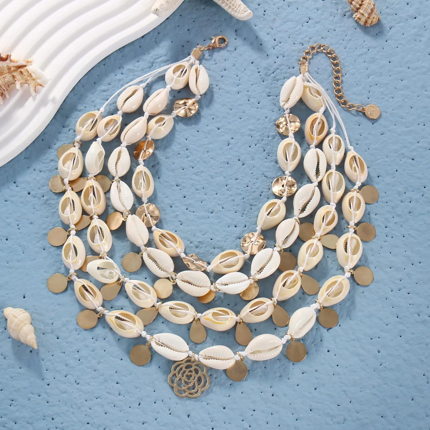 Firstmeet Layed Cowrie Shell Necklace With Glod Coin Pendant Handmade Hawaiian Puka Seashell Choker