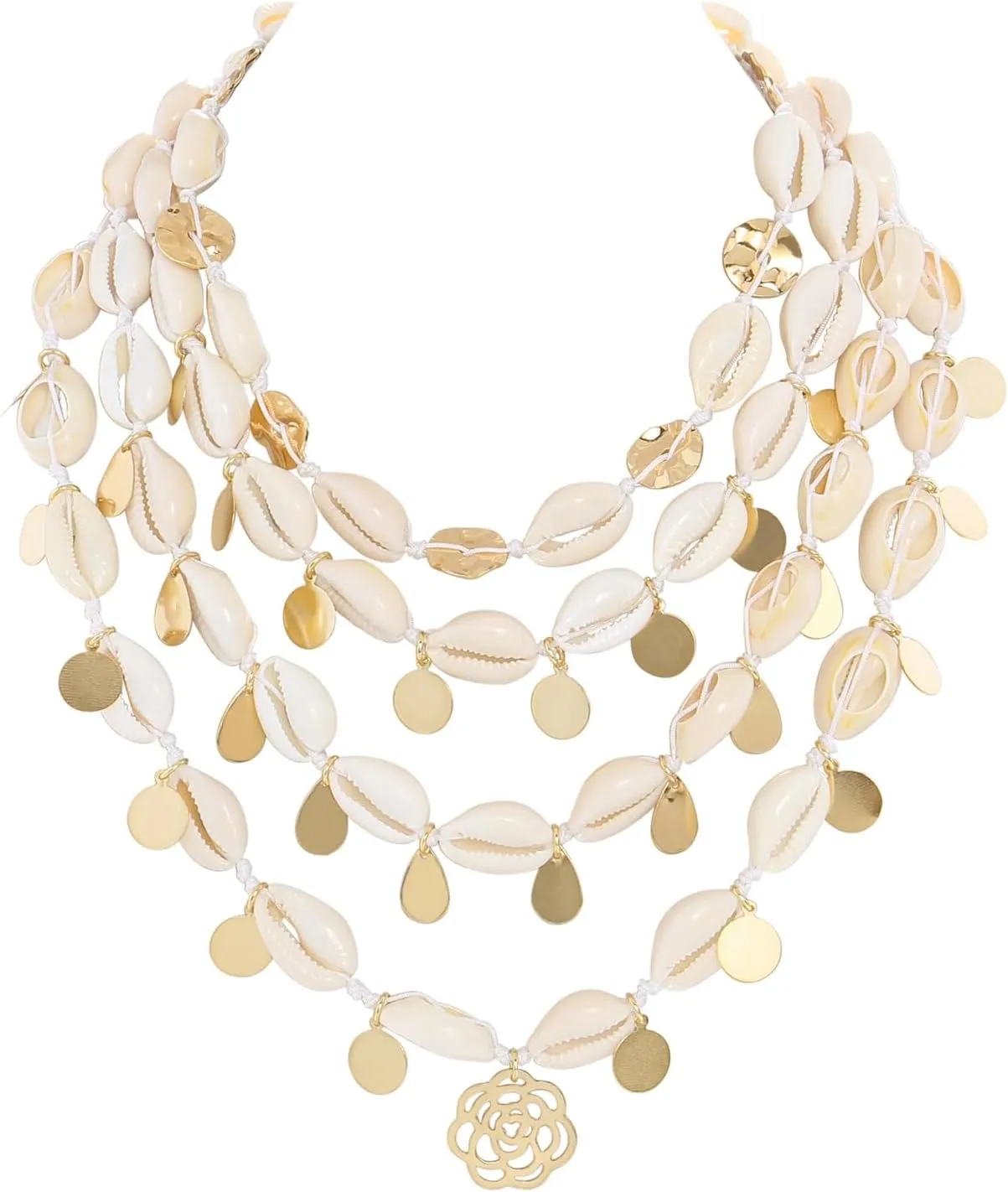 Firstmeet Layed Cowrie Shell Necklace With Glod Coin Pendant Handmade Hawaiian Puka Seashell Choker