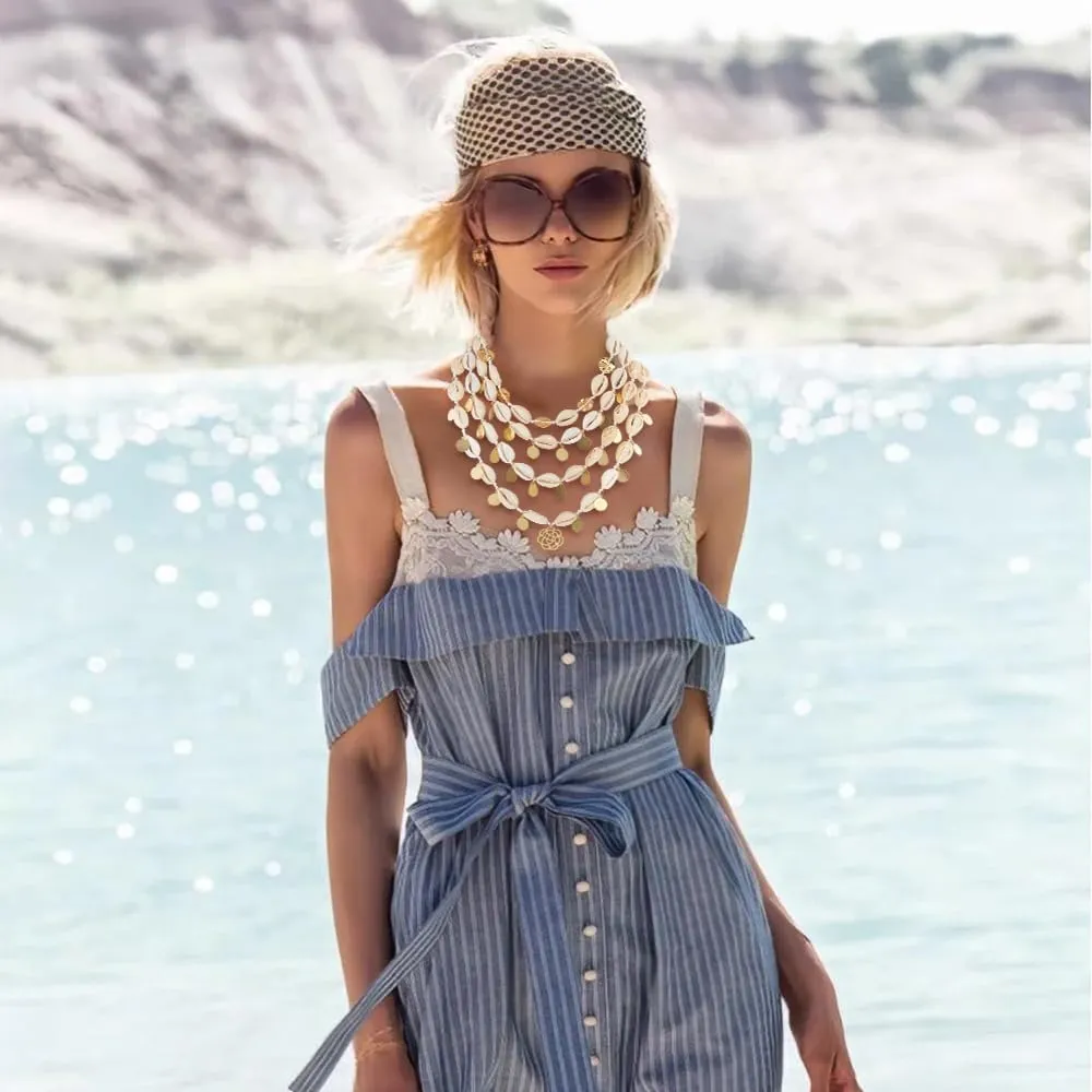 Firstmeet Layed Cowrie Shell Necklace With Glod Coin Pendant Handmade Hawaiian Puka Seashell Choker