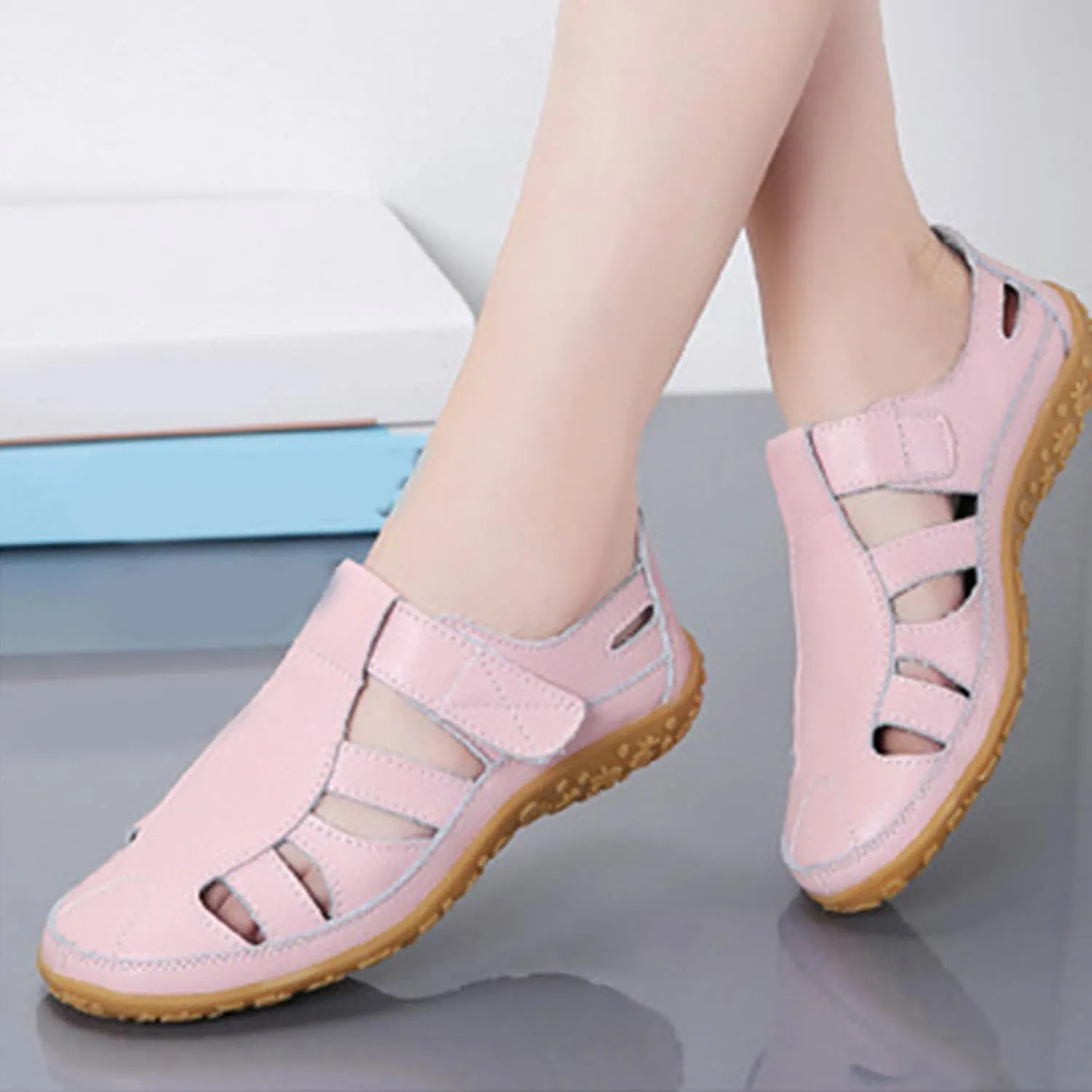 Fisherman Sandals for Women 2025 Summer Casual Closed Toe Leather Sandals Non-Slip Sole Hollow Out Walking Sandal Magic Tape Soft Sole Orthopedic Beach Shoes Outdoor Activities Shoes