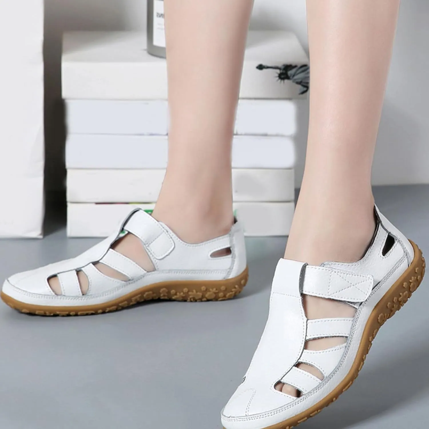 Fisherman Sandals for Women 2025 Summer Casual Closed Toe Leather Sandals Non-Slip Sole Hollow Out Walking Sandal Magic Tape Soft Sole Orthopedic Beach Shoes Outdoor Activities Shoes