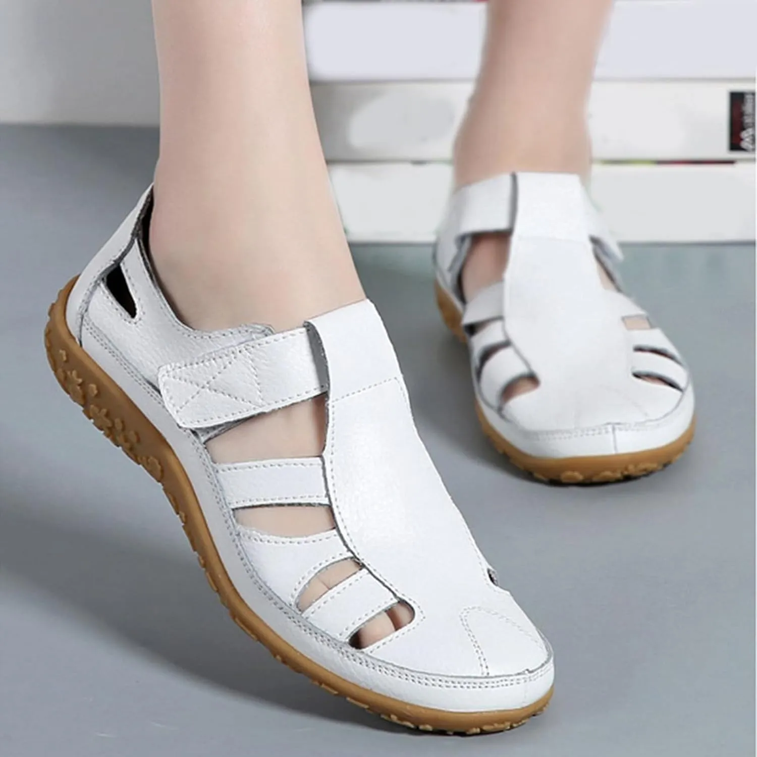 Fisherman Sandals for Women 2025 Summer Casual Closed Toe Leather Sandals Non-Slip Sole Hollow Out Walking Sandal Magic Tape Soft Sole Orthopedic Beach Shoes Outdoor Activities Shoes