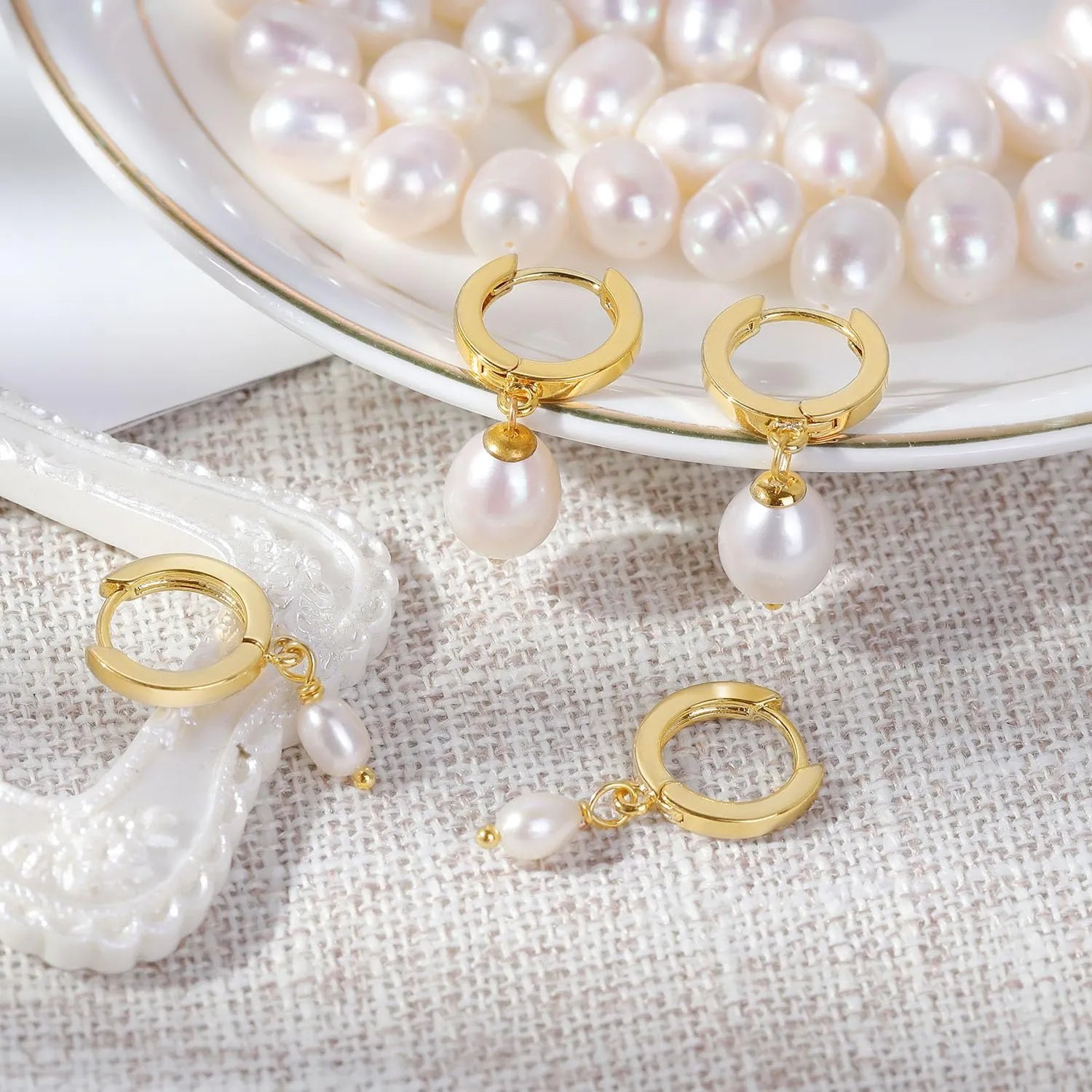 Fiusem Pearl Drop Earrings for Women, 14K Gold Plated Small Huggie Hoops with Pearl Dangle Earring for Women