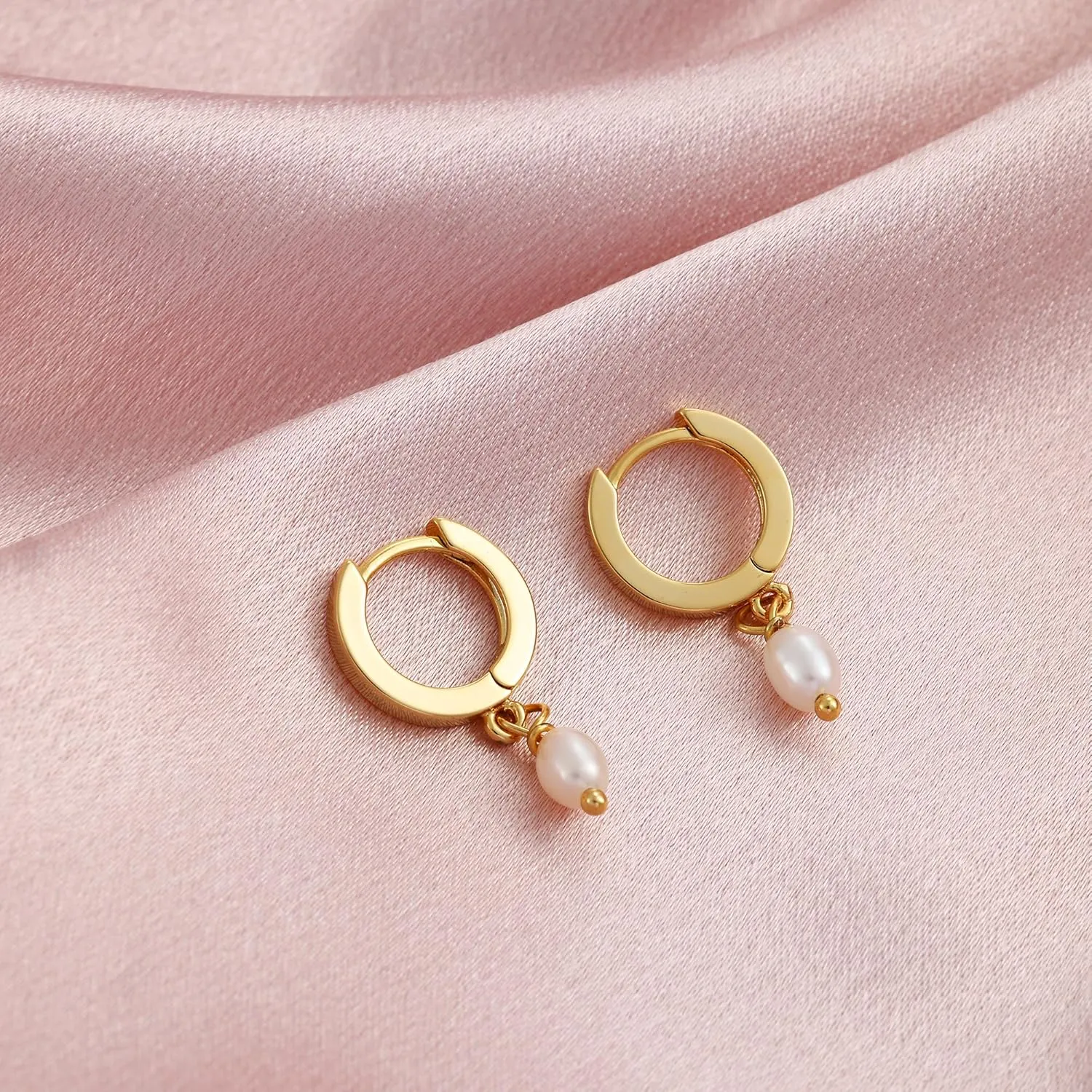 Fiusem Pearl Drop Earrings for Women, 14K Gold Plated Small Huggie Hoops with Pearl Dangle Earring for Women
