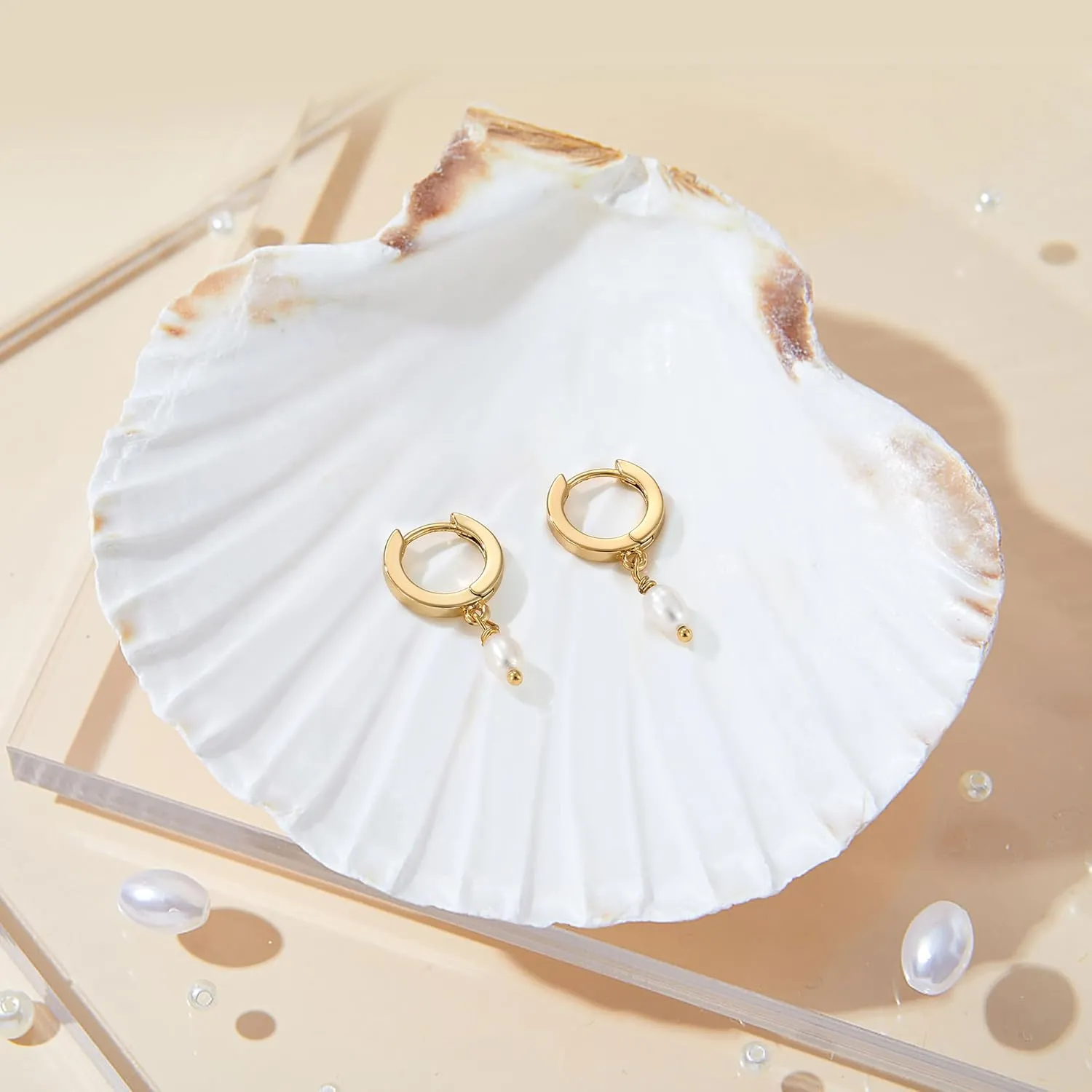 Fiusem Pearl Drop Earrings for Women, 14K Gold Plated Small Huggie Hoops with Pearl Dangle Earring for Women