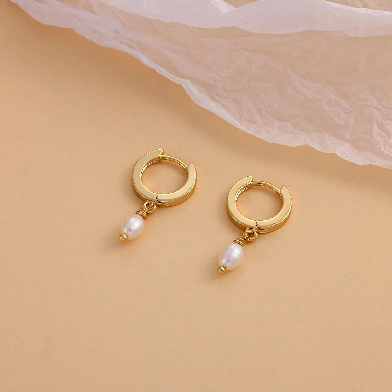 Fiusem Pearl Drop Earrings for Women, 14K Gold Plated Small Huggie Hoops with Pearl Dangle Earring for Women