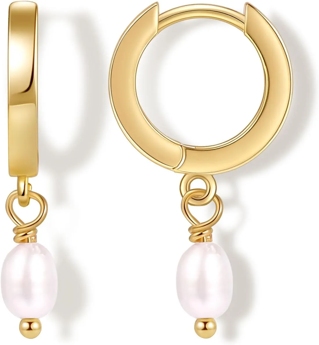 Fiusem Pearl Drop Earrings for Women, 14K Gold Plated Small Huggie Hoops with Pearl Dangle Earring for Women
