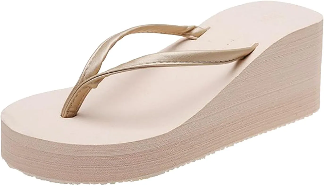 Flip Flops for Women with Arch Support Women's Fashion Slope Heel Thick Bottom Heightening Solid Color Spring And Summer Beach A Foot Stirrup Flip Flops