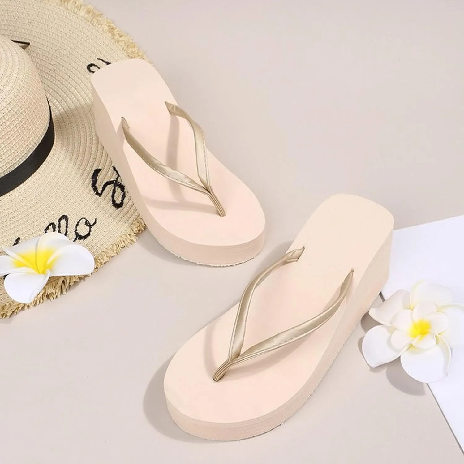 Flip Flops for Women with Arch Support Women's Fashion Slope Heel Thick Bottom Heightening Solid Color Spring And Summer Beach A Foot Stirrup Flip Flops