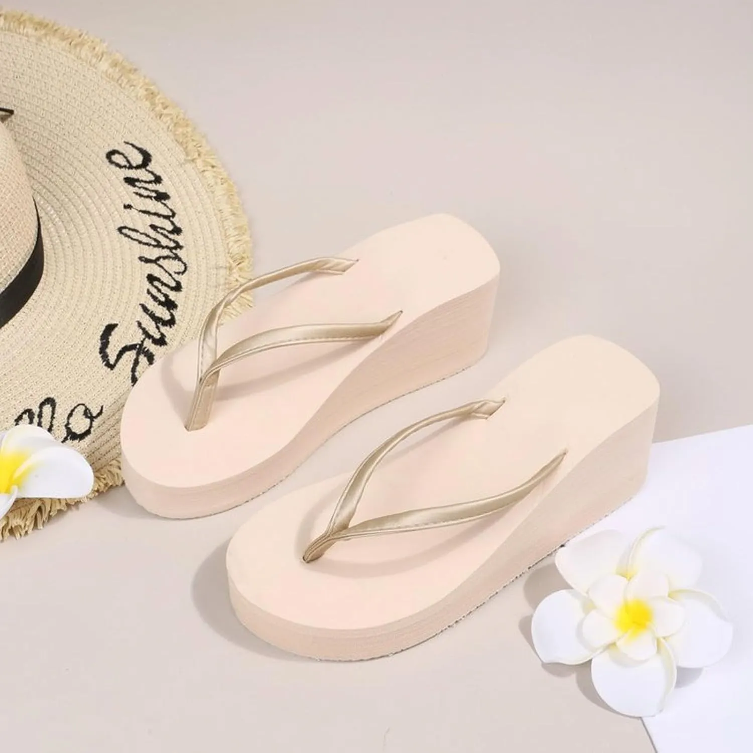 Flip Flops for Women with Arch Support Women's Fashion Slope Heel Thick Bottom Heightening Solid Color Spring And Summer Beach A Foot Stirrup Flip Flops