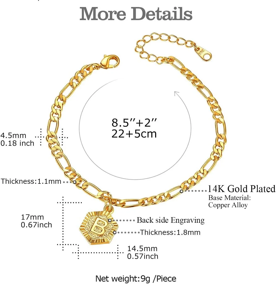 FOCALOOK Gold Initial Charm Anklet for Women, Yellow Gold Plated Summer Beach Dainty Foot Chain Ankle Bracelet Figaro Chain Anklet for Women