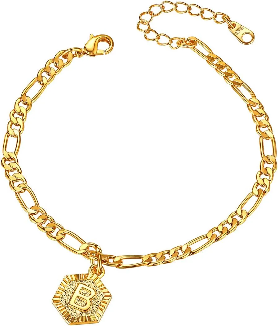 FOCALOOK Gold Initial Charm Anklet for Women, Yellow Gold Plated Summer Beach Dainty Foot Chain Ankle Bracelet Figaro Chain Anklet for Women