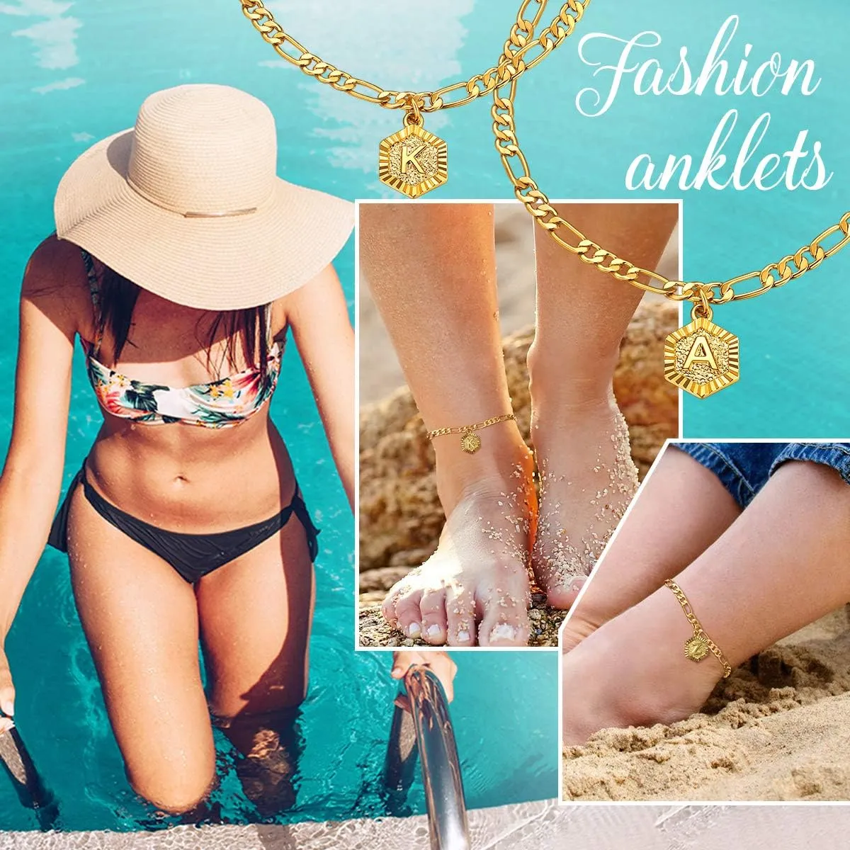 FOCALOOK Gold Initial Charm Anklet for Women, Yellow Gold Plated Summer Beach Dainty Foot Chain Ankle Bracelet Figaro Chain Anklet for Women
