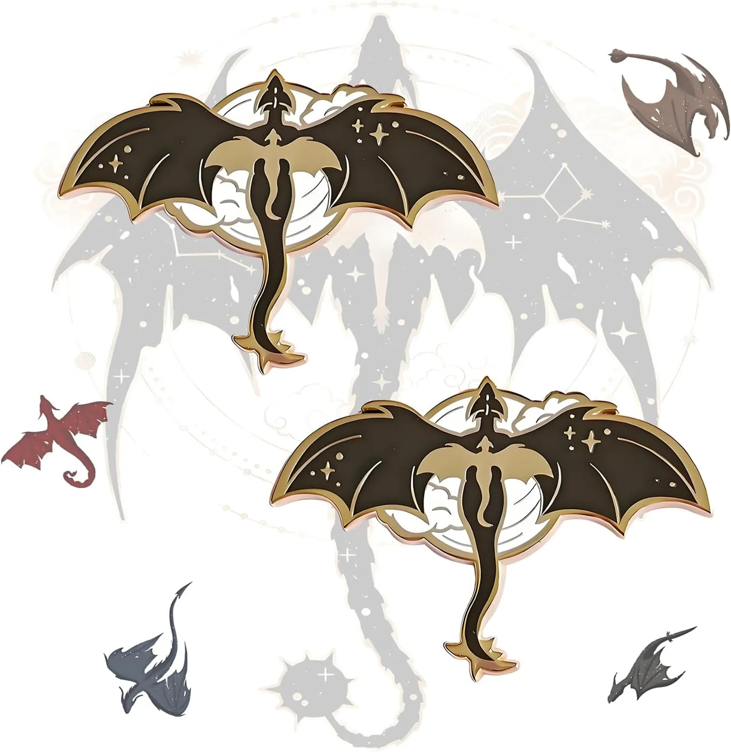 Fourth Dragon Wings Enamel Pin Set, 2 Pieces, Fantasy Wing Design, Black and Gold