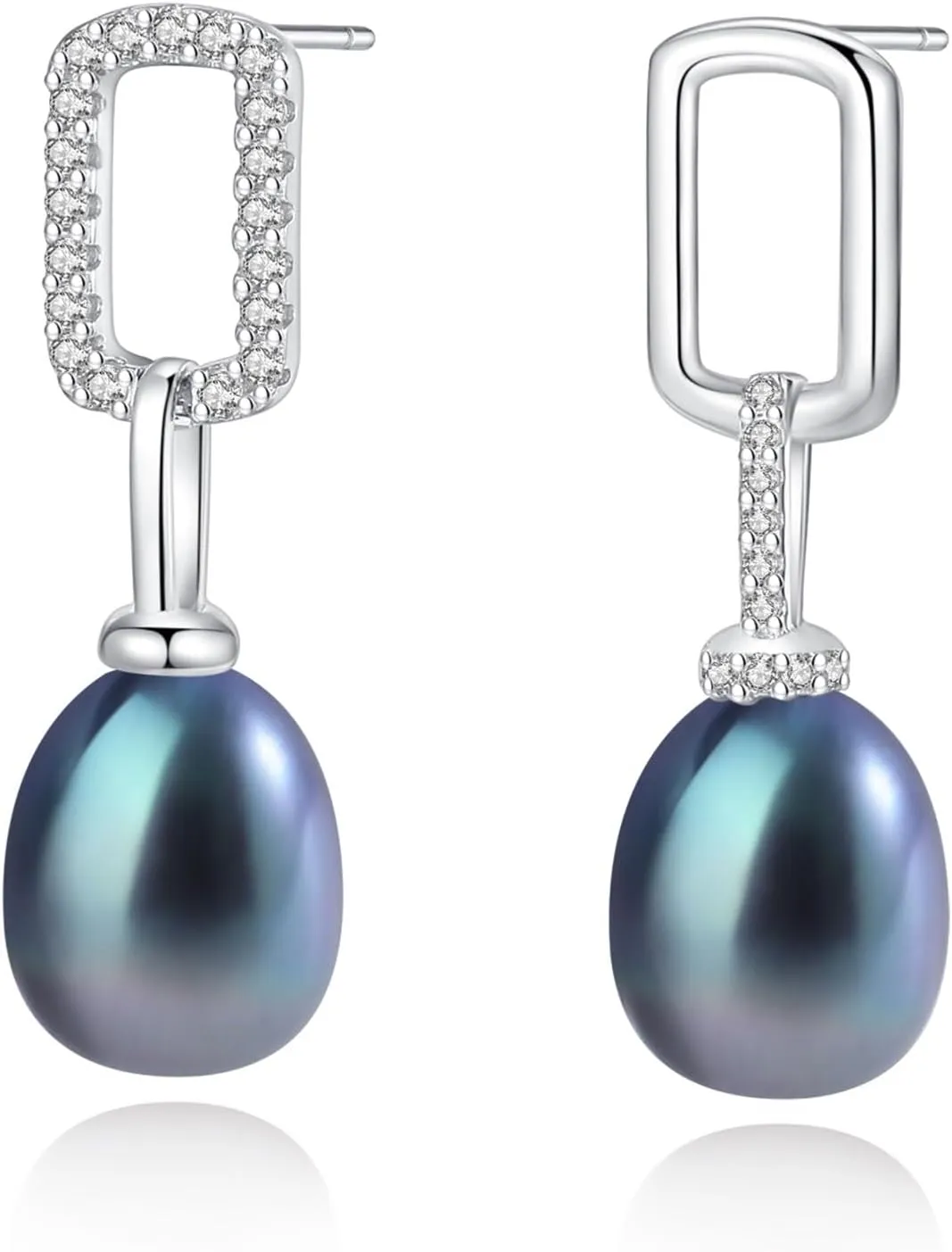Freshwater Cultured Pearl Dangle Drop Earrings for Women, 925 Sterling Silver with Cubic Zirconia Huggie Hoop Earrings, Handpicked 8.5-9.5MM Large Pearls Hypoallergenic Jewelry Gifts