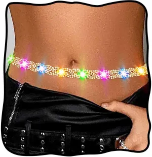 Fstrend Light Up Waist Chain Gold Rhinestone Belly Chains Sparkly Crystal Night Club Party Glowing Body Accessories for Women