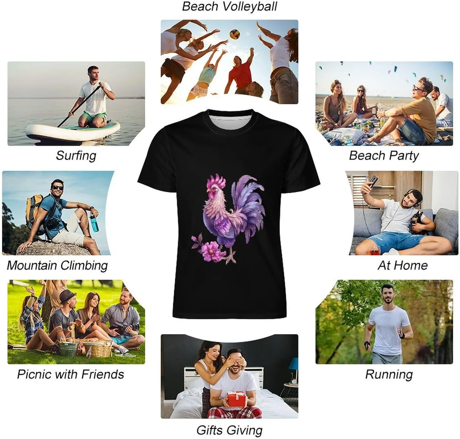 Funny Chicken Rooster Mens T-Shirts Short Sleeve Crew Shirts Summer Tee Top Casual Clothing for Beach Athletic Workout