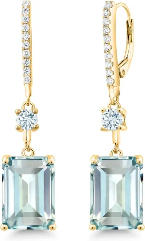Gem Stone King 18K Yellow Gold Plated Silver Sky Blue Simulated Aquamarine Dangle Earrings For Women (14.08 Cttw, Emerald Cut 14X10MM)