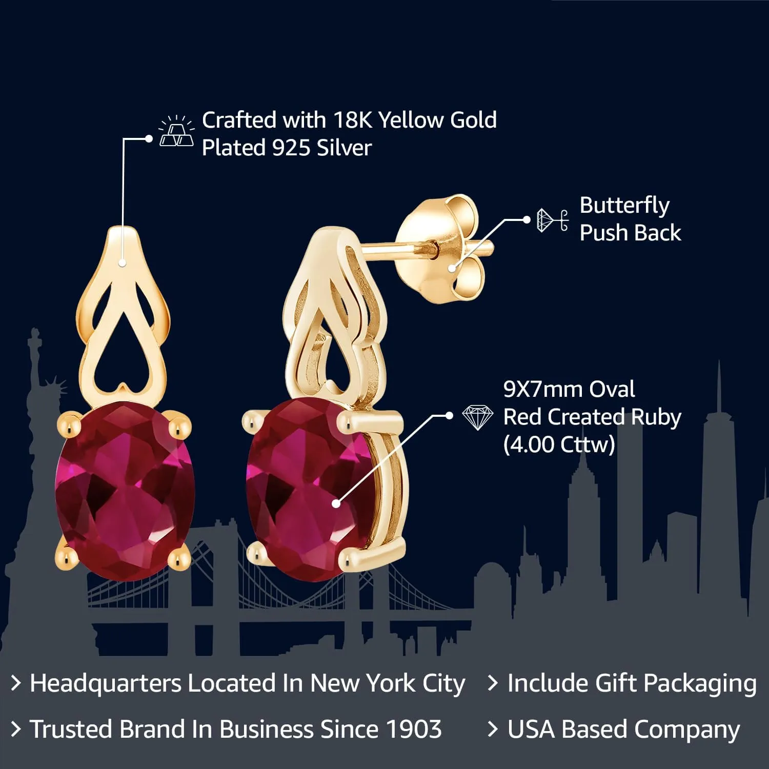 Gem Stone King 9X7MM Oval Gemstone Birthstone Drop Dangle Earrings For Women | 18K Yellow Gold Plated Silver | Fine Jewelry Gifts for Her Mom Women Wife