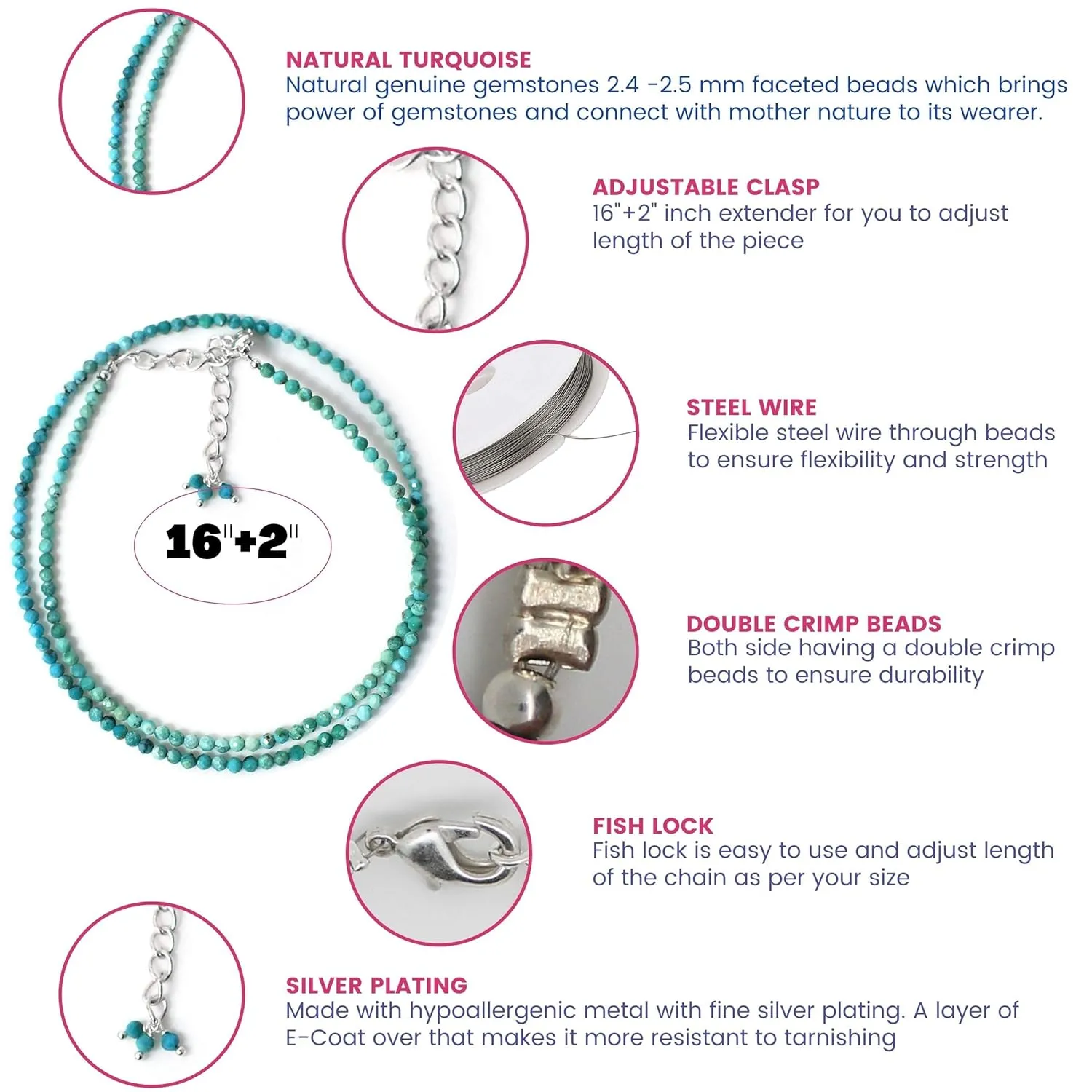 Gempires Turquoise Beaded Choker Necklace December Birthstone Gemstone Jewelry Hypoallergenic 18 Inch Silver Plated Unique Handmade Women Necklaces