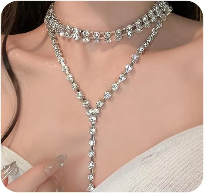 GIGB PBDK Long Rhinestone Choker Necklaces for Women,Bling Cubic Zirconia Lariat Necklace,Trendy Silver Statement Necklace,Charm Bride Wedding Accessories Gifts