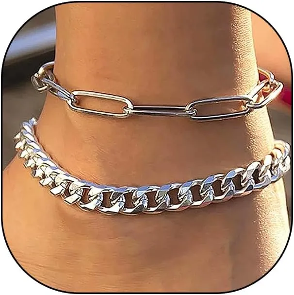 GIGB PBDK Vintage Gold Stackable Anklets Set for Women,Punk Layered Cuban Chain Anklets Adjustable Paperclip Link Anklets Beach Foot Jewelry Gift