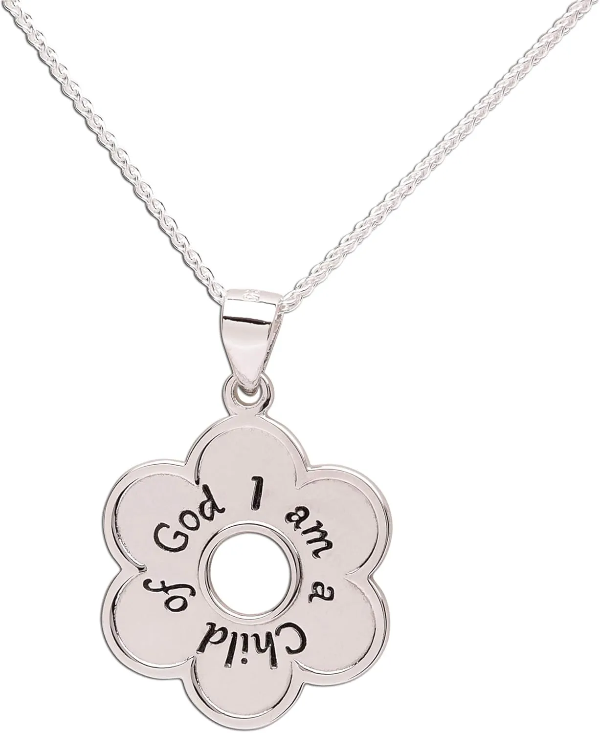 Girl's Sterling Silver "I Am a Child of God" Daisy Necklace Religious Baptism and First Communion Gift for Girls