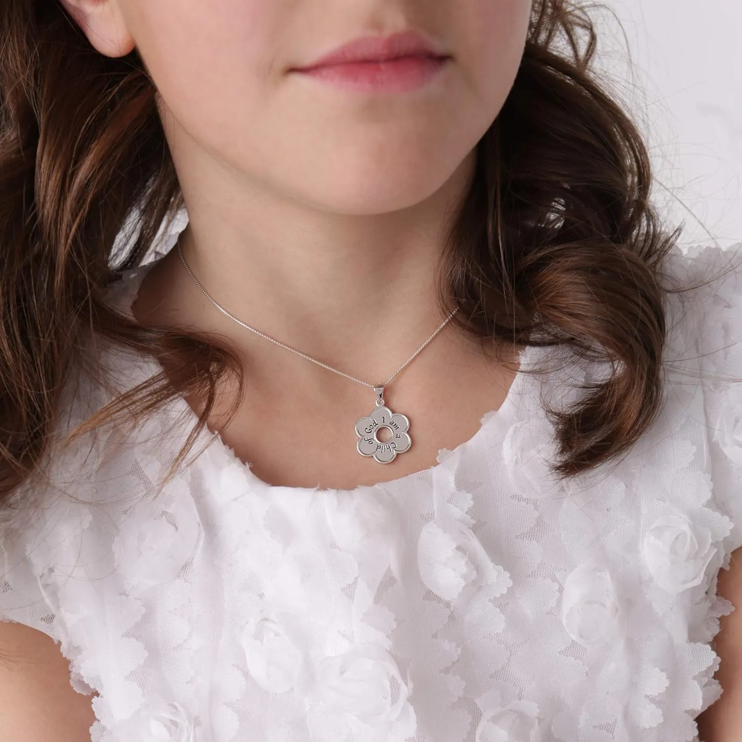 Girl's Sterling Silver "I Am a Child of God" Daisy Necklace Religious Baptism and First Communion Gift for Girls