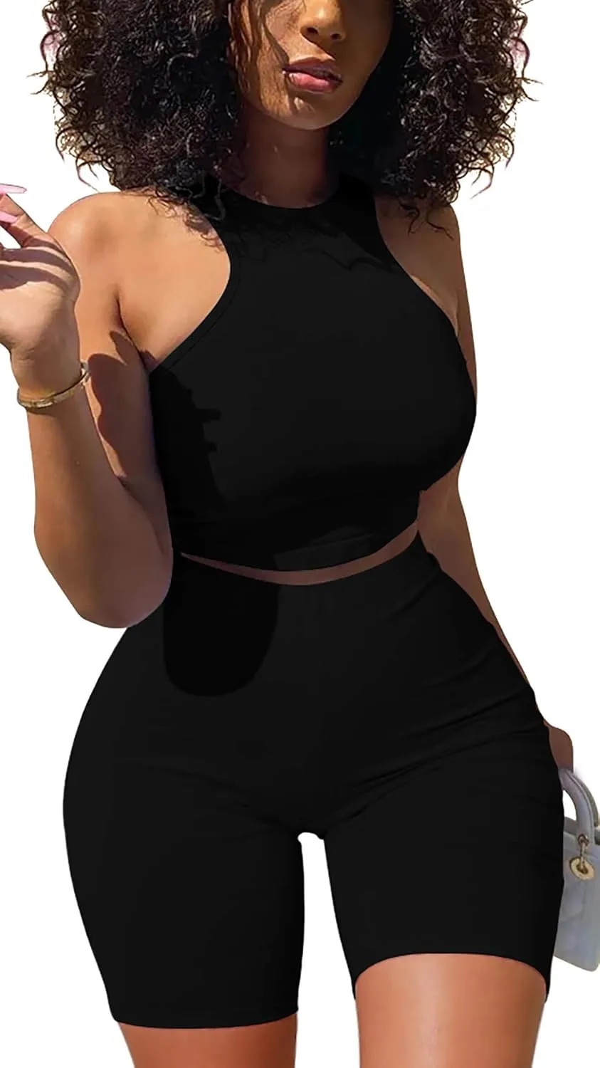 GOBLES Women's Sexy 2 Piece Outfits Sleeveless Crop Top With Shorts Jumpsuits