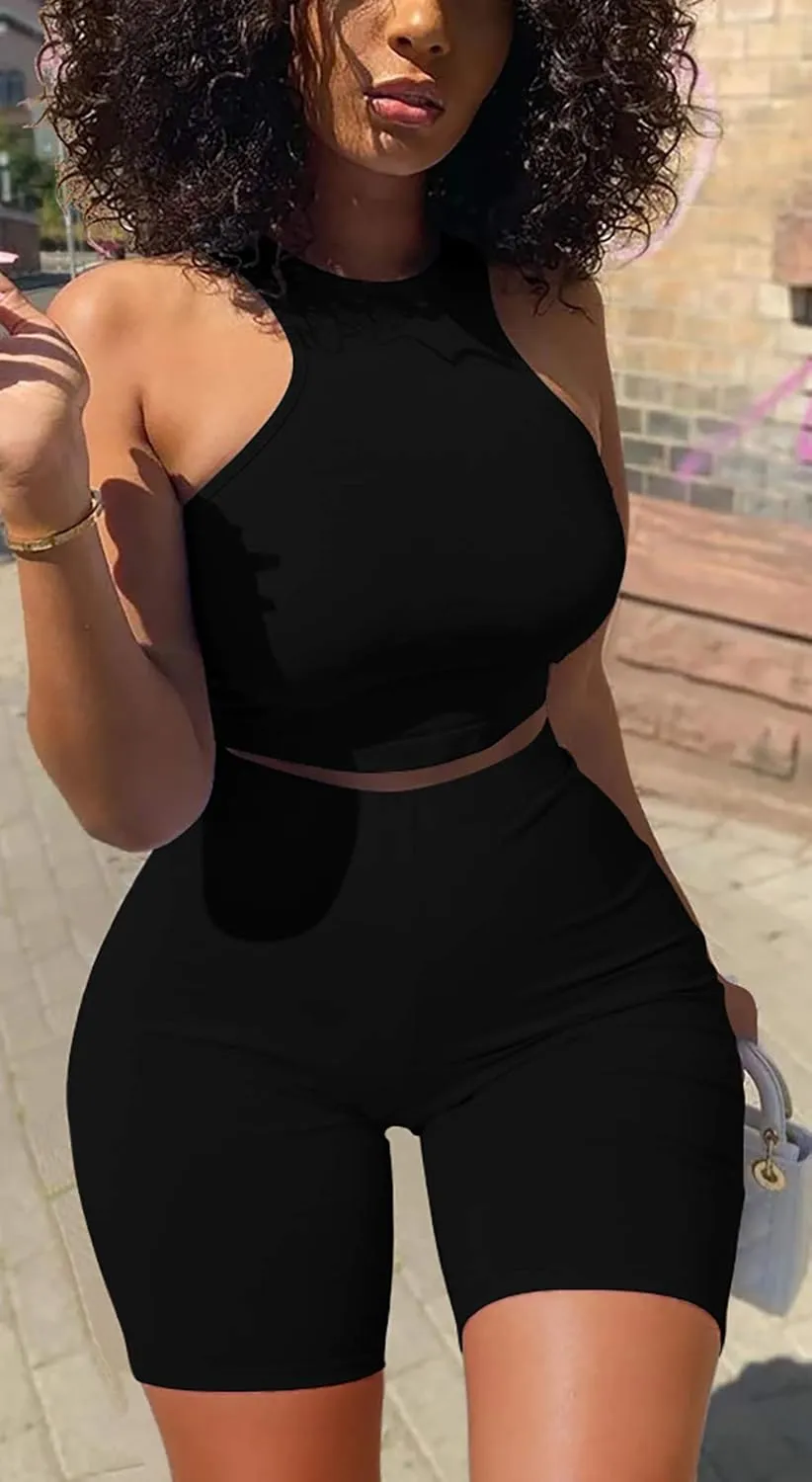 GOBLES Women's Sexy 2 Piece Outfits Sleeveless Crop Top With Shorts Jumpsuits