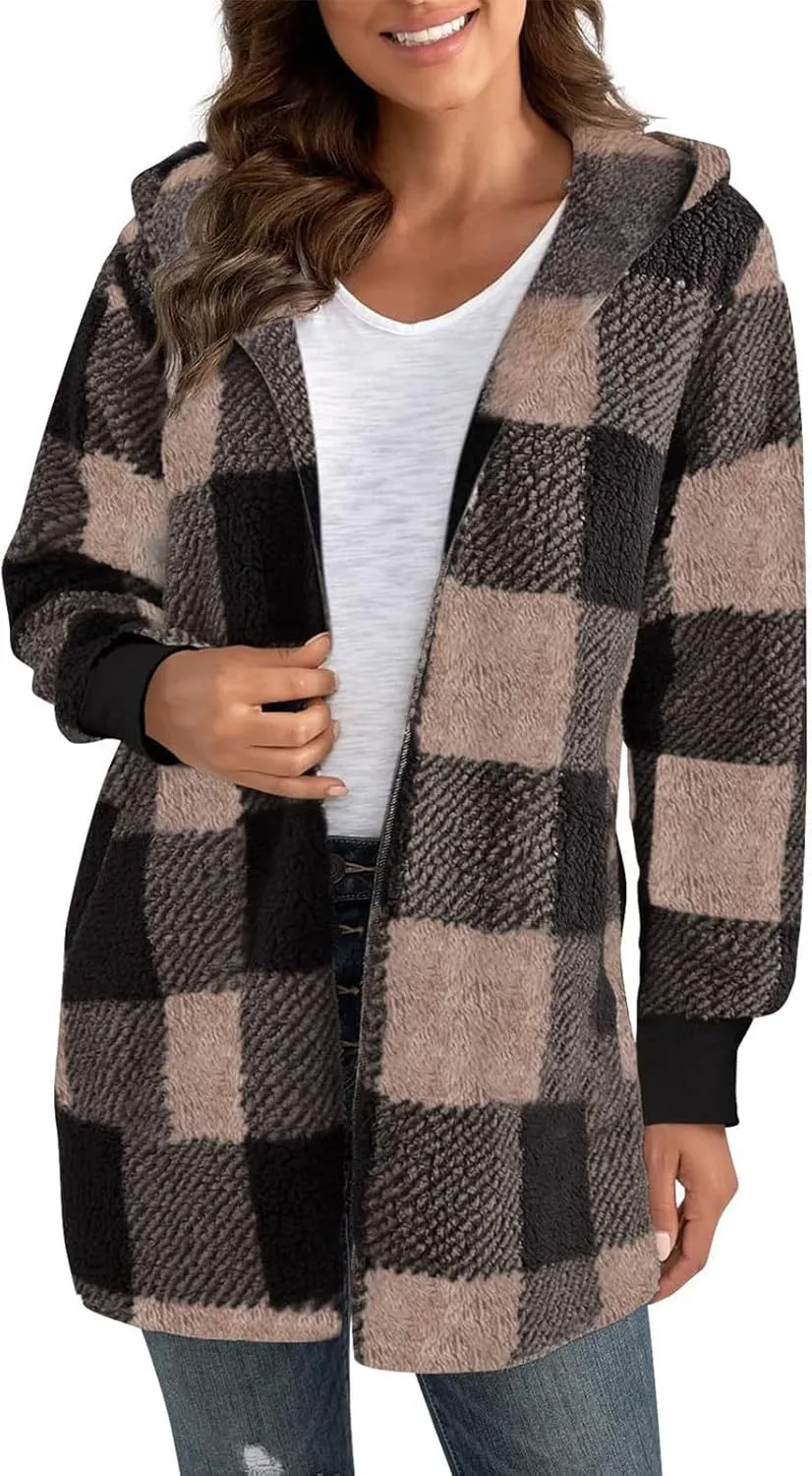 GOFULY Cardigans For Women Trendy Winter Open Front Fuzzy Fleece Hoodie Plaid Sherpa Jackets Winter Y2K Fall Coats Outfits
