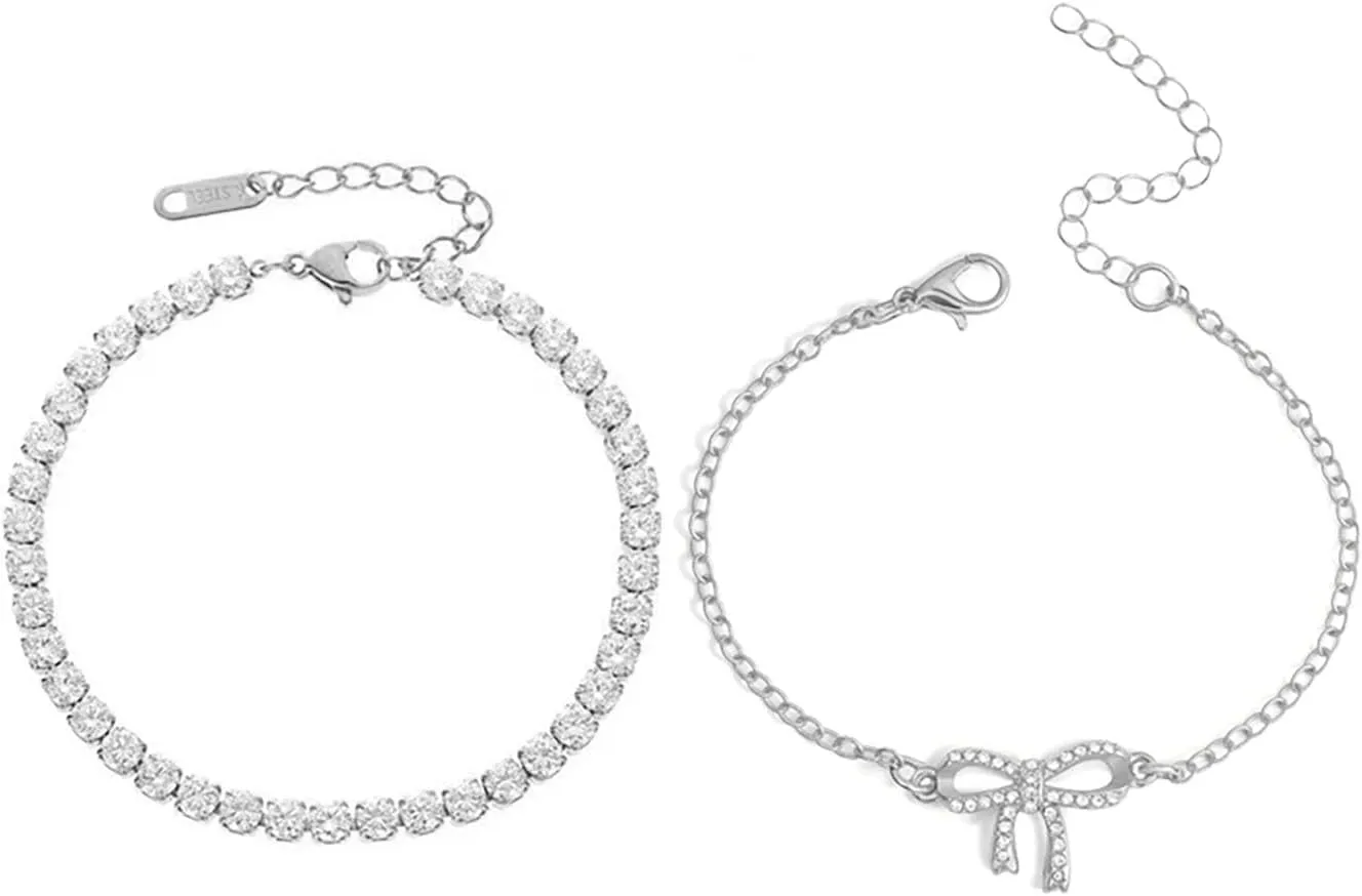 Gold Ankle Bracelets for Women 14k Gold Plated Bow Ankle Bracelets Dainty CZ Tennis Chain Anklets Cute Rhinestone Layered Bow Knot Anklet Set Fashion Summer Foot Jewelry for Women