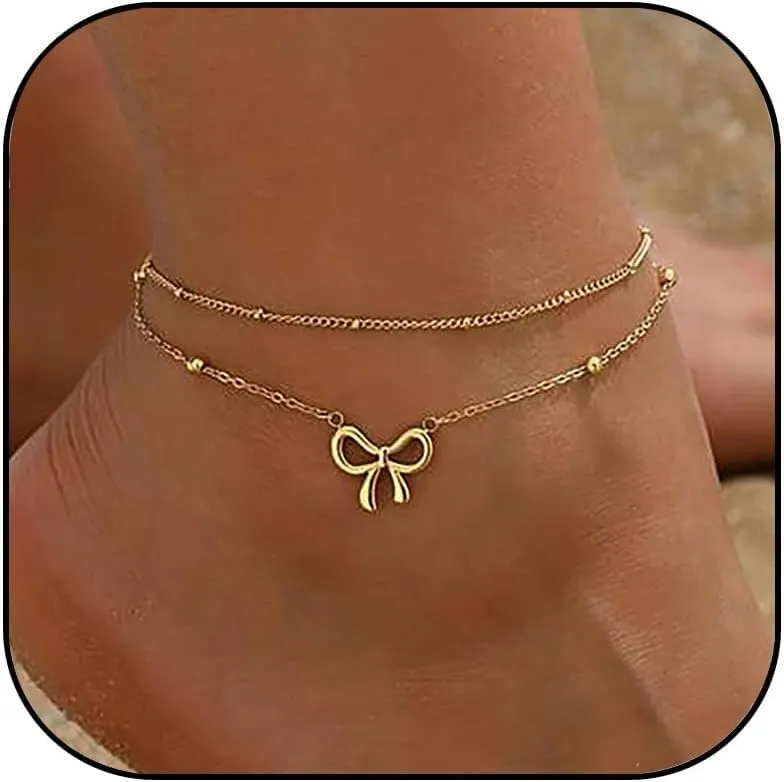 Gold Ankle Bracelets for Women 14k Gold Plated Bow Ankle Bracelets Dainty CZ Tennis Chain Anklets Cute Rhinestone Layered Bow Knot Anklet Set Fashion Summer Foot Jewelry for Women