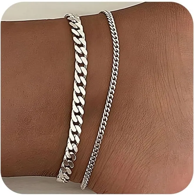 Gold Ankle Bracelets for Women, 14k Silver/Gold Anklets for Women Waterproof Layered Figaro Cuban Link Cuban Anklet Set Silver Ankle Bracelets for Women Summer Beach Jewelry Gifts