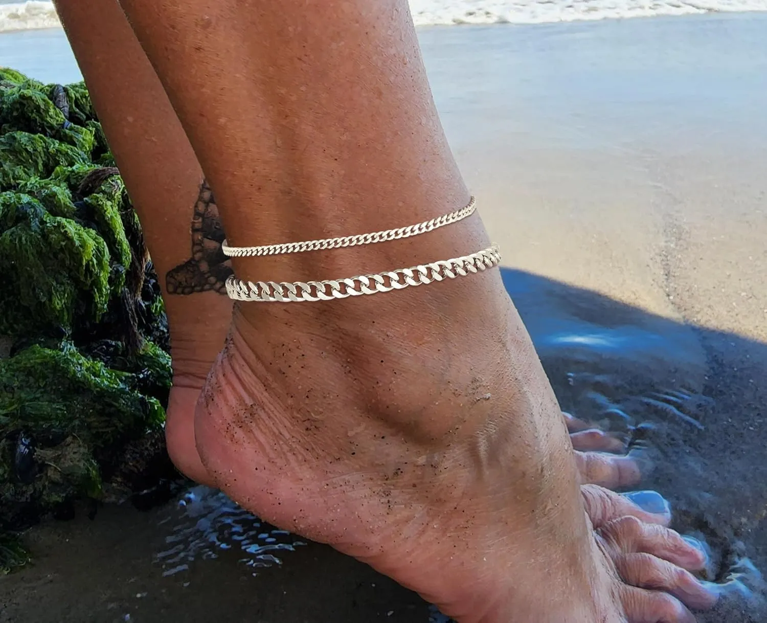 Gold Ankle Bracelets for Women, 14k Silver/Gold Anklets for Women Waterproof Layered Figaro Cuban Link Cuban Anklet Set Silver Ankle Bracelets for Women Summer Beach Jewelry Gifts