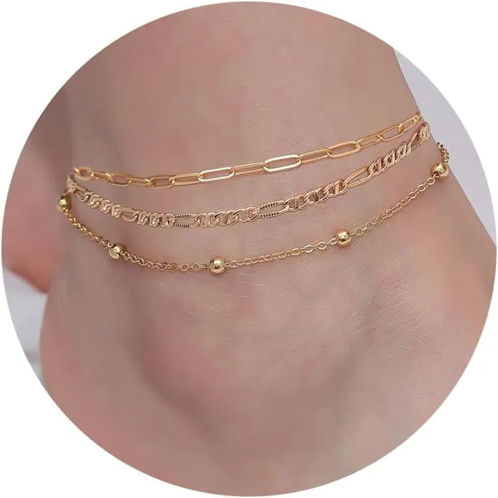 Gold Ankle Bracelets for Women, 18K Gold Anklets for Women Waterproof Cuban Link Anklets Set Layered Anklet Bracelets for Gold Jewelry Set Gift