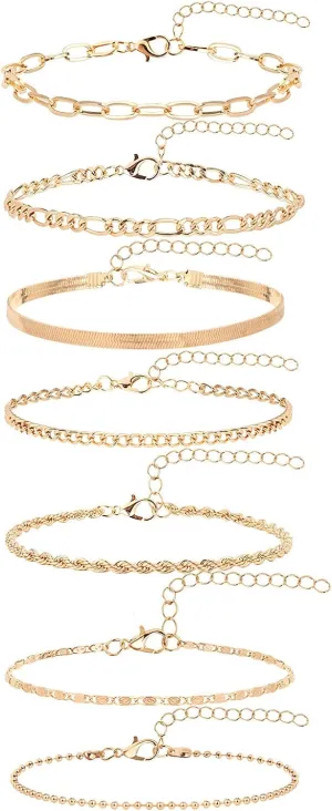 Gold Ankle Bracelets for Women, 8 2 Adjustable Anklets Fashion Beach Accessories Permanent Jewelry non Tarnish Free 14k Gold Plated Waterproof Jewlery Sets for Women Summer Stuff (7pcs)