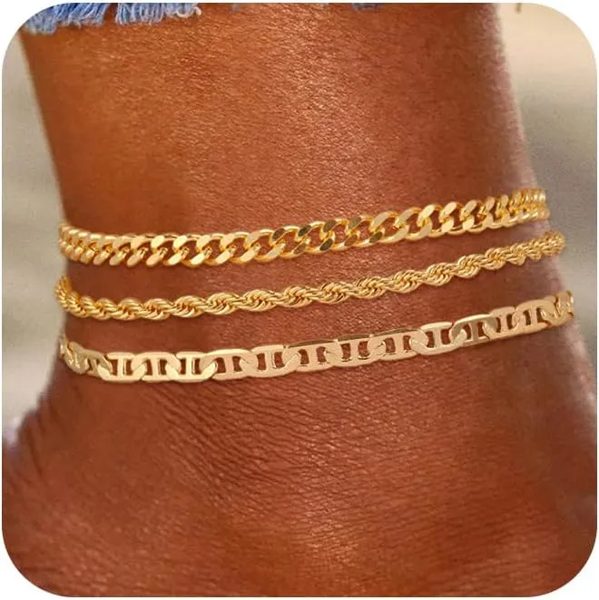 Gold Anklets for Women Waterproof 14k Gold Plated Cuban Link Anklets Non Tarnish Rope Herringbone Ankle Chain Summer Beach Jewelry Gifts for Women