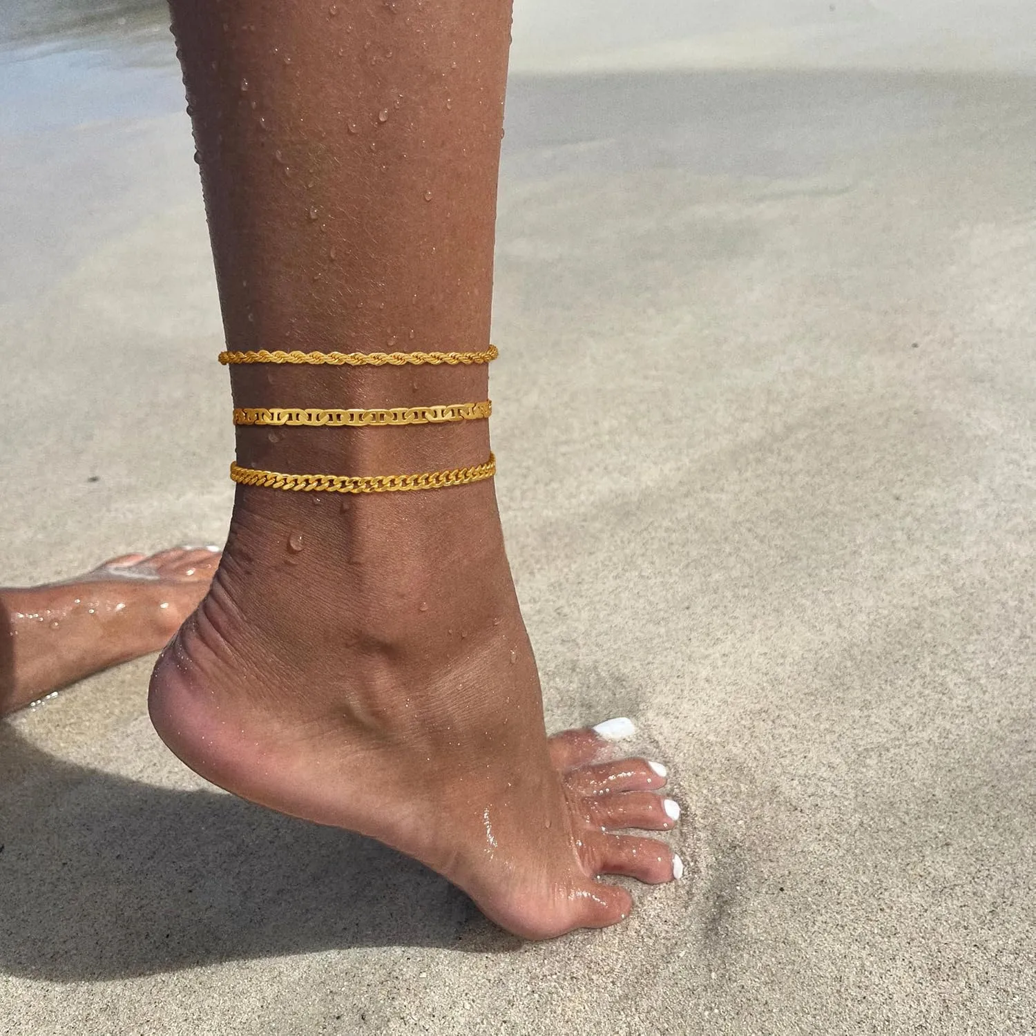 Gold Anklets for Women Waterproof 14k Gold Plated Cuban Link Anklets Non Tarnish Rope Herringbone Ankle Chain Summer Beach Jewelry Gifts for Women