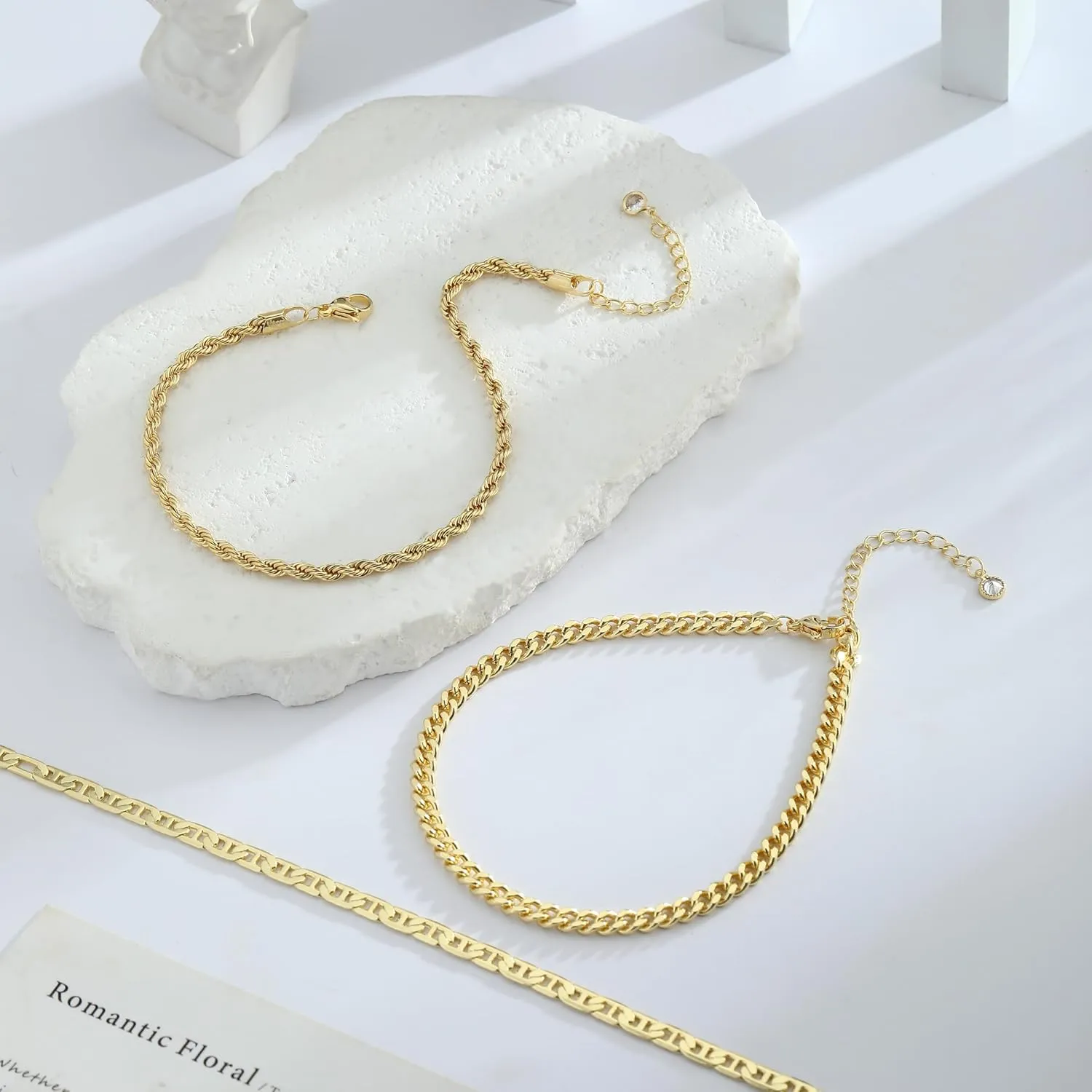Gold Anklets for Women Waterproof 14k Gold Plated Cuban Link Anklets Non Tarnish Rope Herringbone Ankle Chain Summer Beach Jewelry Gifts for Women