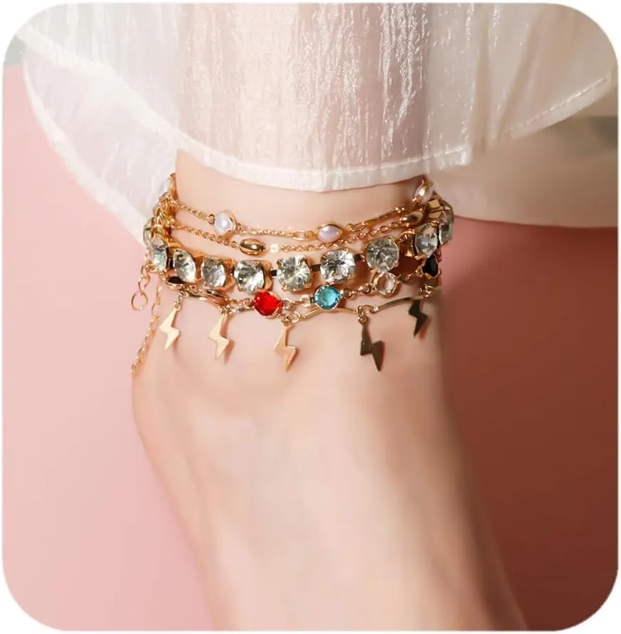Gold Anklets for Women Waterproof Rhinestone Link Anklets Set Layered Anklet for Women Gold Jewelry