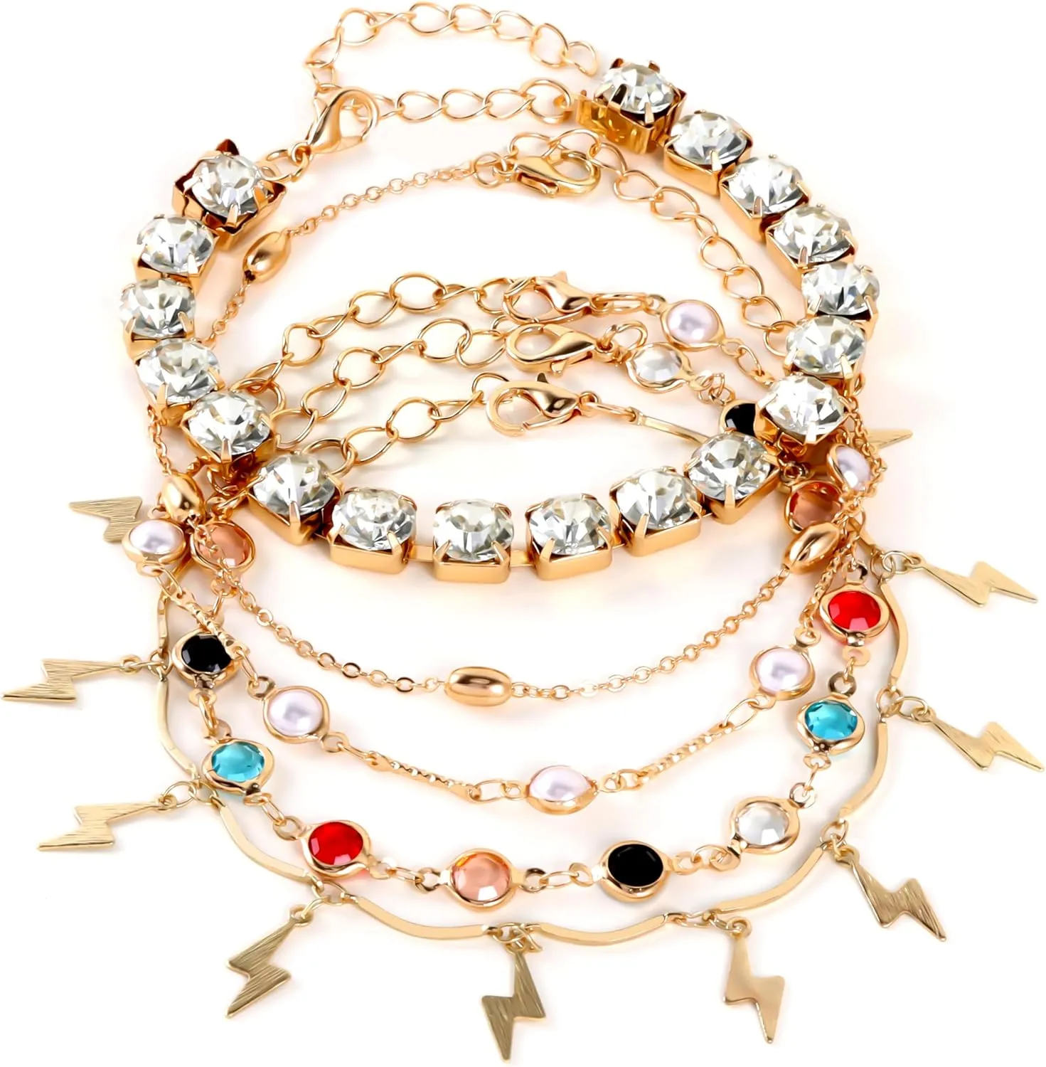 Gold Anklets for Women Waterproof Rhinestone Link Anklets Set Layered Anklet for Women Gold Jewelry