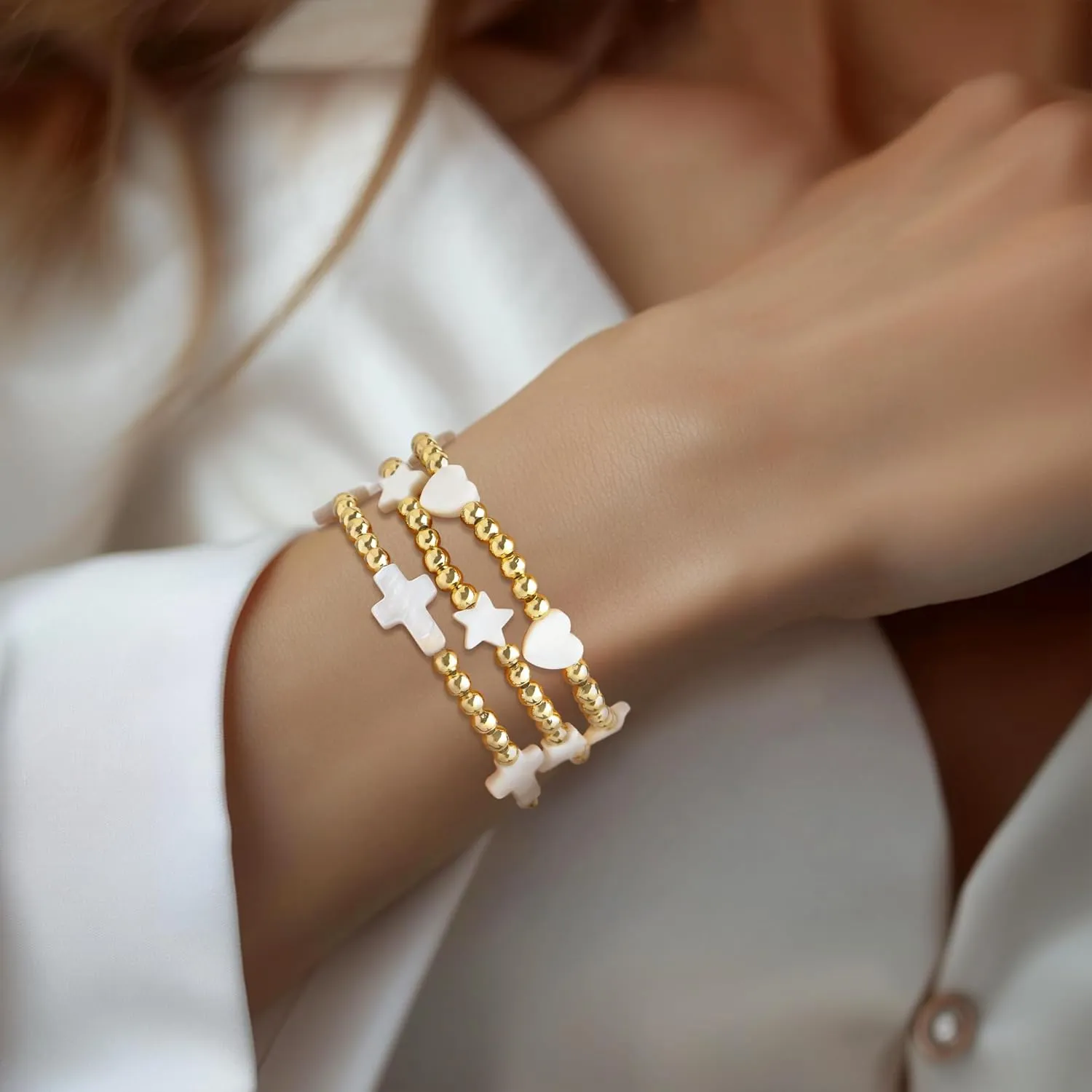 Gold Beaded Cross Stack Bracelets Set for Women, Boho Handmade White Star Stretch Friendship Bracelets Festive Holiday Accessories Jewelry Gift.